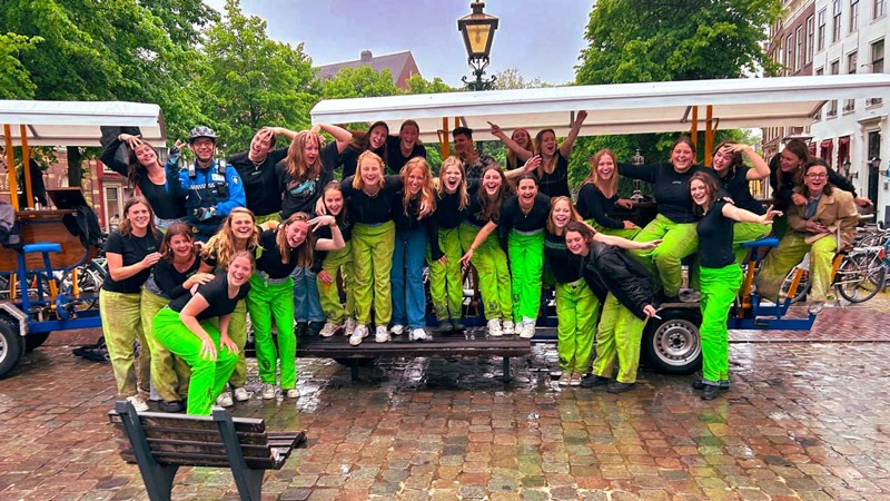 Group celebrating on a Boris Bus beer bike
